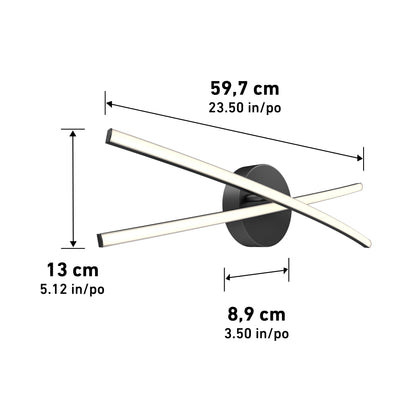 The Artika Orly modern LED bathroom vanity light 3 CCT features two intersecting LED bars on a circular base, measuring 59.7 cm wide, 13 cm high, and 8.9 cm deep.