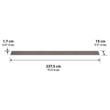 A long rectangular metal strip with grooves, measuring 237.5 cm (93.5 in) long, 15 cm (5.91 in) wide, and 1.7 cm (0.67 in) thick, with labeled dimensions.