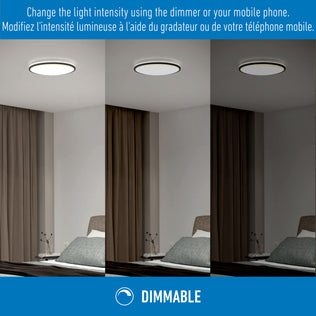 Three images show the Artika Macy 15 in. LED RGB Wifi flush mount above a bed at varying brightness, with dimmable icon and text.