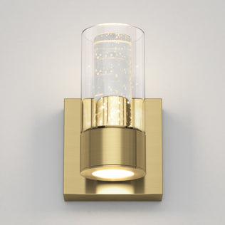 The Artika Essence 1-light LED bathroom vanity light features a dimmable bubble glass shade on a sleek gold square base.