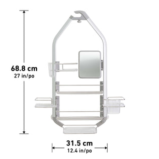 Artika O2 Hanging Shower Caddy features multiple shelves, a small mirror, and accessory holders. Measures 68.8 cm (27 in) high by 31.5 cm (12.4 in) wide.