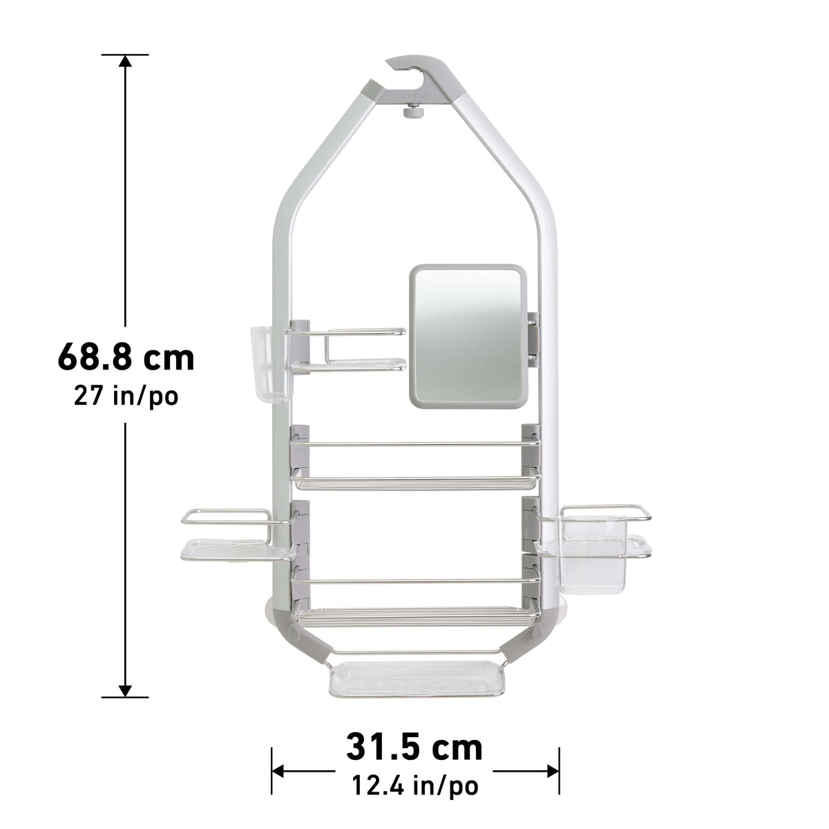 A silver shower caddy with a small mirror, multiple shelves, and clear storage containers is shown. Dimensions are 68.8 cm (27 in) tall and 31.5 cm (12.4 in) wide.