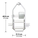 A silver shower caddy with a small mirror, multiple shelves, and clear storage containers is shown. Dimensions are 68.8 cm (27 in) tall and 31.5 cm (12.4 in) wide.