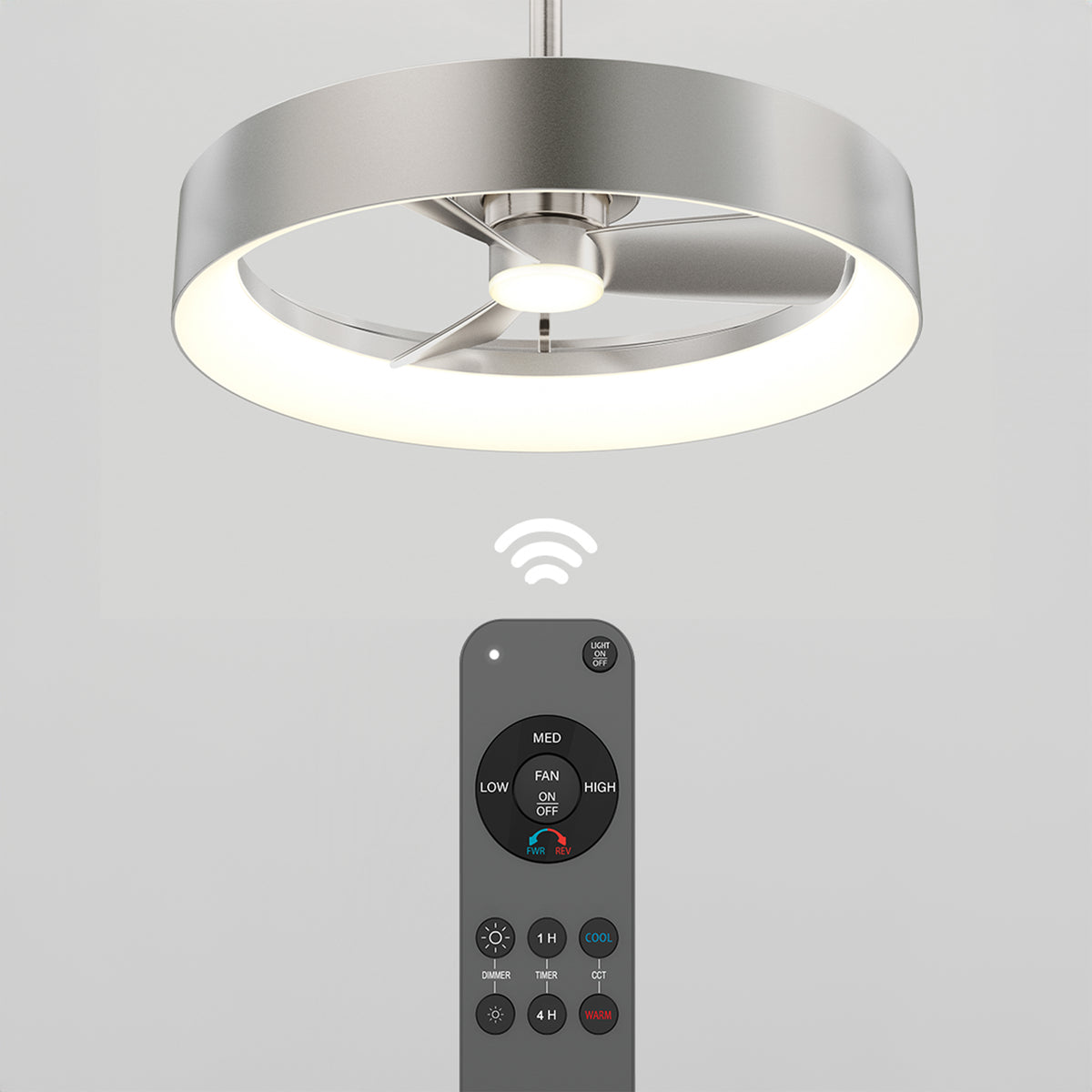 The Artika Austin 23 in. LED modern ceiling fan features a circular metallic frame, sleek design, quiet motor, and includes a remote for effortless wireless operation.