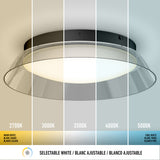 A ceiling light fixture is shown with five sections, each displaying a different white color temperature: 2700K (warm), 3000K, 3500K, 4000K, and 5000K (cool) from left to right. Text reads Selectable White at the bottom.
