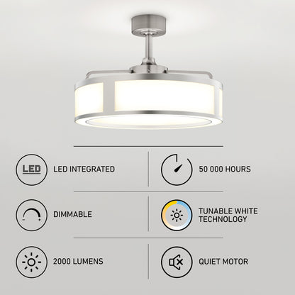 The Artika Huxley 23 in. LED modern ceiling fan features a brushed metal finish, integrated LED (50,000 hrs lifespan), 2000 lumens, tunable white, dimmable lighting, quiet motor, and 3 speeds.