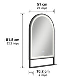 Arched mirror with front LED light, touch buttons, and a shelf at the bottom. Dimensions: 51 cm (20 in) wide, 81.8 cm (32.2 in) high, and 10.2 cm (4 in) deep. Arrows indicate measurements.