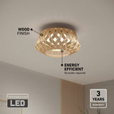 Modern ceiling light with a wood finish and geometric design, mounted on a white ceiling. Text highlights its energy efficiency, integrated LED, and 3-year warranty. A plant and wall panel are partially visible below.
