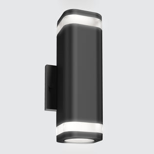 The Artika Stark modern LED indoor-outdoor light features a sleek black wall-mounted design with rounded edges and clear top and bottom panels for up-and-down illumination, shown against a light gray background, and includes wi-fi connectivity.