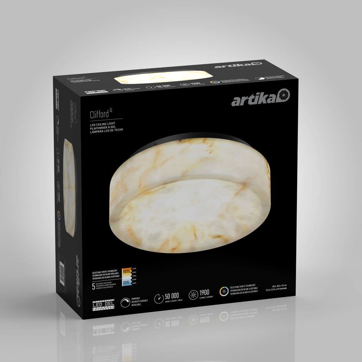 A black box with an image of a round, marble-patterned ceiling light fixture. The brand name “artika” is at the top right, and product details are printed in white and orange on the box.