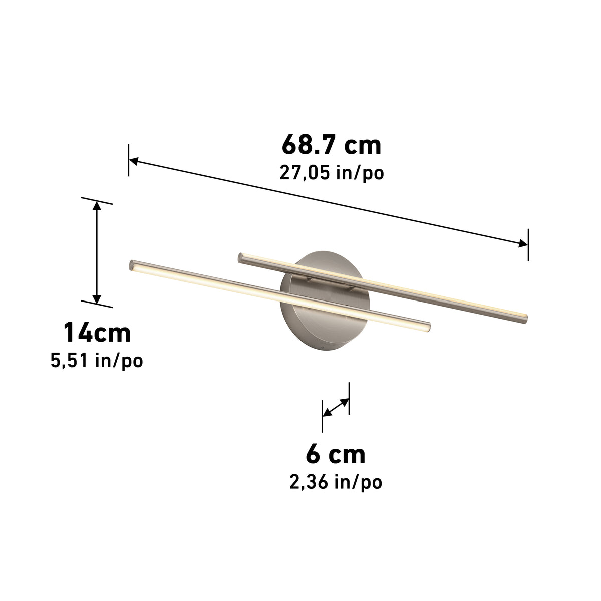 A modern wall-mounted light fixture with two horizontal bars and a circular base. Dimensions are 68.7 cm wide, 14 cm tall, and the base depth is 6 cm. Measurements are shown in both centimeters and inches.