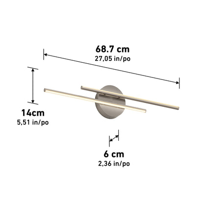 The Artika Cisco modern LED bathroom vanity light 5 CCT features two horizontal bars crossing a round base, offers adjustable color balance, and measures 68.7 cm wide, 14 cm tall, and 6 cm deep—ideal for bathroom lighting.