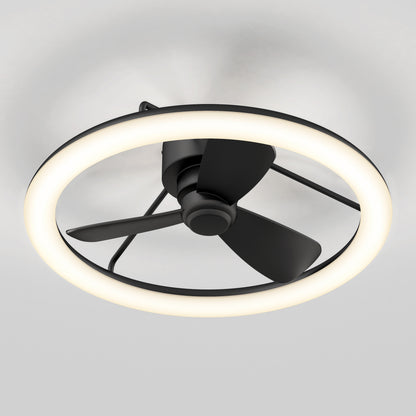 The Artika Darren 23 in. LED modern ceiling fan features three black blades and a glowing LED light ring, all controlled via remote, and is mounted on a white ceiling.