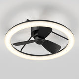A modern ceiling fan with three black blades is enclosed within a circular LED light ring, mounted on a white ceiling.