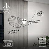 A modern pendant light with a matte black finish and integrated LED hangs in a room with gray curtains. Features highlighted: adjustable height, energy efficient (no bulbs required), and a 5-year warranty.