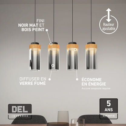 Artika Hanson 4-light LED pendant 5 CCT with wood accents and smoked glass, featuring height adjustment and energy efficiency labels.