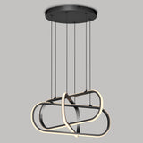 A modern ceiling light fixture with black metal framing and integrated LED light strips forming overlapping oval and curved shapes, suspended by four thin cords from a circular black ceiling mount.