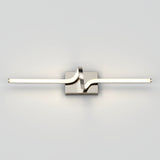 A modern wall-mounted light fixture with a rectangular base and a long, horizontal LED bar featuring a wavy bend in the center, emitting a soft glow against a plain light gray wall.