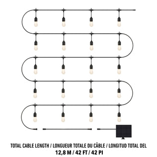 Five rows of Artika Eclipse Solar String Lights with exposed bulbs hang in a zigzag pattern. A small solar panel is attached at the end. The total cable length is 12.8 m (42 ft/42 pi). Includes remote control.