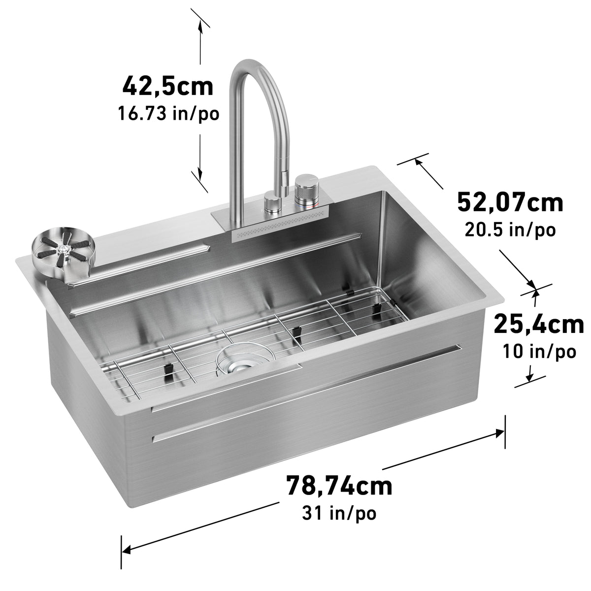 Stainless steel kitchen sink with a tall faucet, drainboard, and metal grid at the bottom. Dimensions shown: 42.5 cm wide, 52.07 cm deep, 25.4 cm high, and 78.74 cm long (in inches also noted).