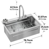 Stainless steel kitchen sink with a tall faucet, drainboard, and metal grid at the bottom. Dimensions shown: 42.5 cm wide, 52.07 cm deep, 25.4 cm high, and 78.74 cm long (in inches also noted).
