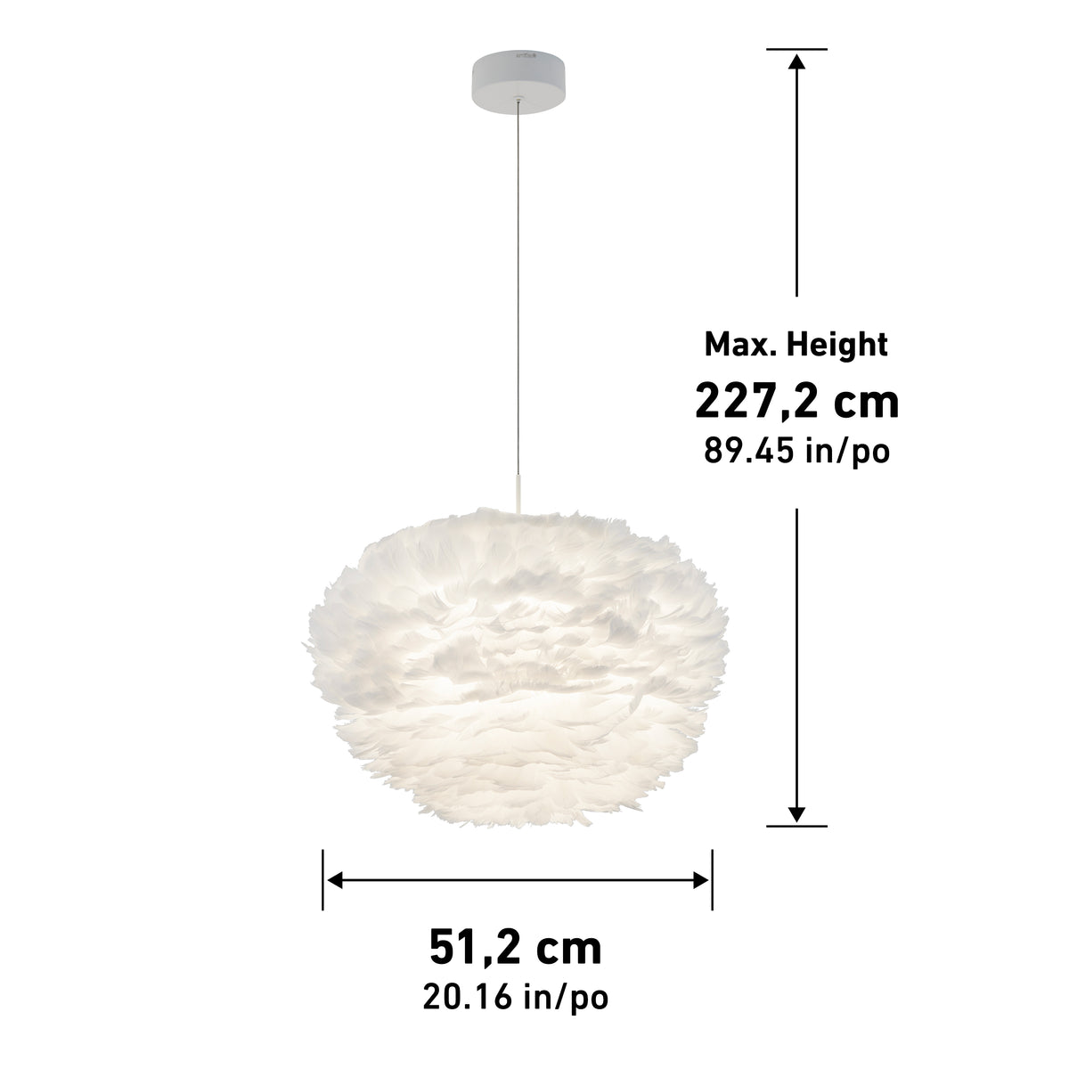 A white feather pendant lamp with a round shape hangs from the ceiling. The lamps diameter is 51.2 cm (20.16 in), and its maximum height is 227.2 cm (89.45 in), as indicated by labeled arrows.