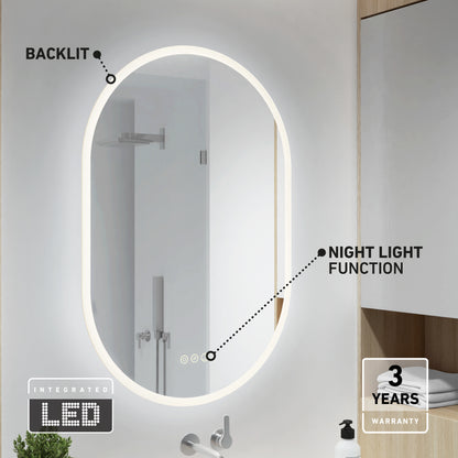 Artika Clara Oval LED Mirror 30x20 in. with defogger, 3CCT, night light, and 3-year warranty, shown above a modern bathroom sink.