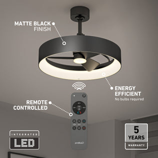 The Artika Austin 23 in. LED modern ceiling fan features a matte black finish, integrated LED light, remote control, energy efficiency, and a 5-year warranty—no bulbs required. Shown installed on the ceiling.