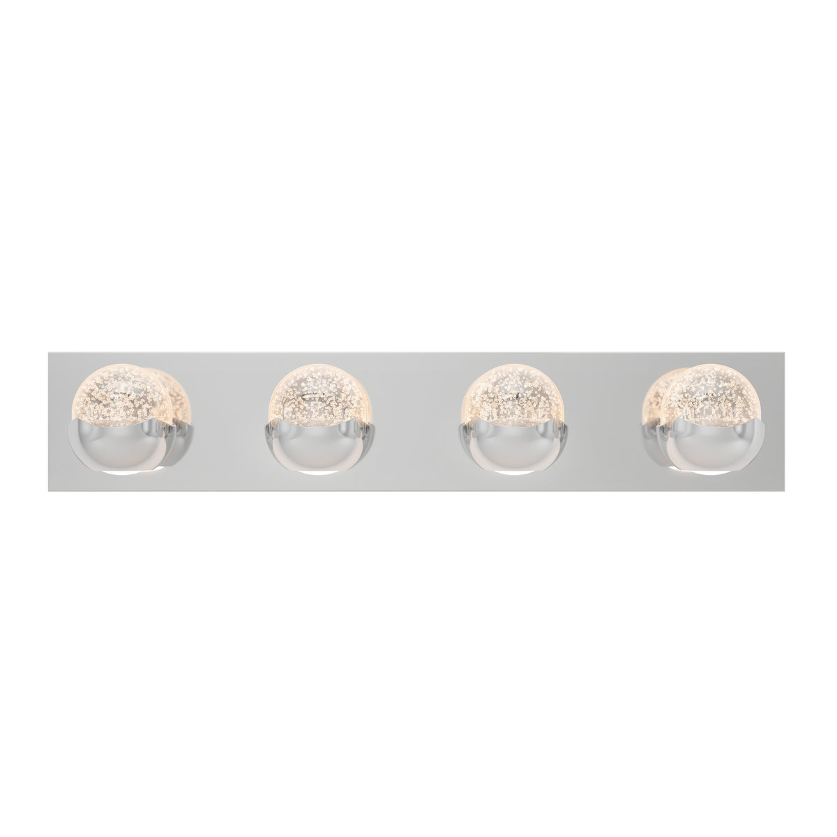A modern wall-mounted light fixture with four round, dome-shaped lights evenly spaced on a rectangular metallic base, each bulb partially frosted and illuminated.