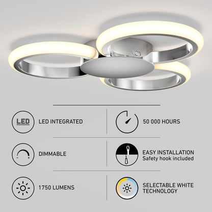 The Artika Nyala 15 in. LED flush mount light features three illuminated rings, a central disc, 1750 lumens, dimmable LED with selectable white technology, a 50,000-hour lifespan, and easy installation.