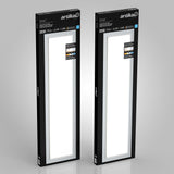 Two rectangular Artika Sunray ultra thin LED light panel 3 CCT boxes are shown upright in black packaging with white accents, product information, and a display window revealing the lights inside.