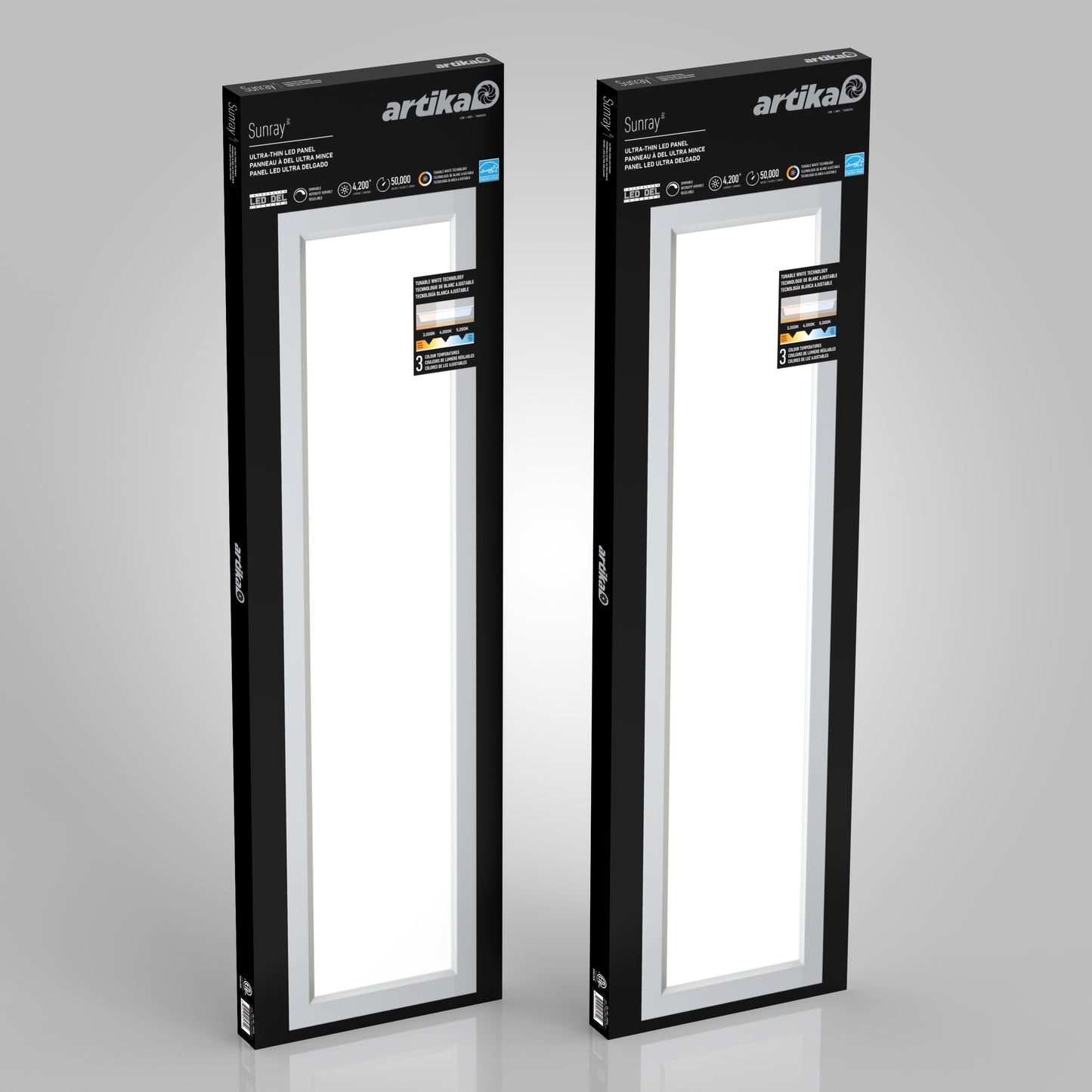 Two upright black boxes contain Artika Sunray ultra thin LED light panel 3 CCTs. The packaging showcases the brand, features, and a panel image against a light gray background.
