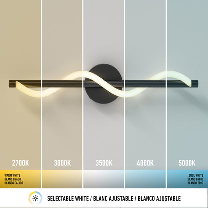 The Artika Neon modern LED bathroom vanity light 5 CCT features a wavy design on a black circular mount and displays five white color temperatures: 2700K, 3000K, 3500K, 4000K, and 5000K.