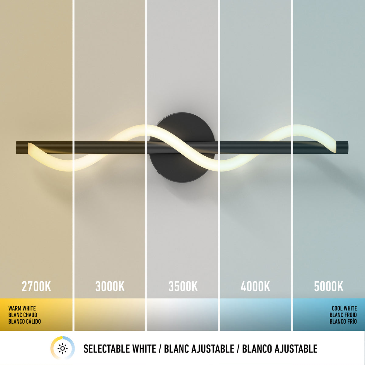 A wall light emits five different shades of white, ranging from warm to cool tones (2700K to 5000K). Below, icons and text in English, French, and Spanish indicate selectable color temperature.