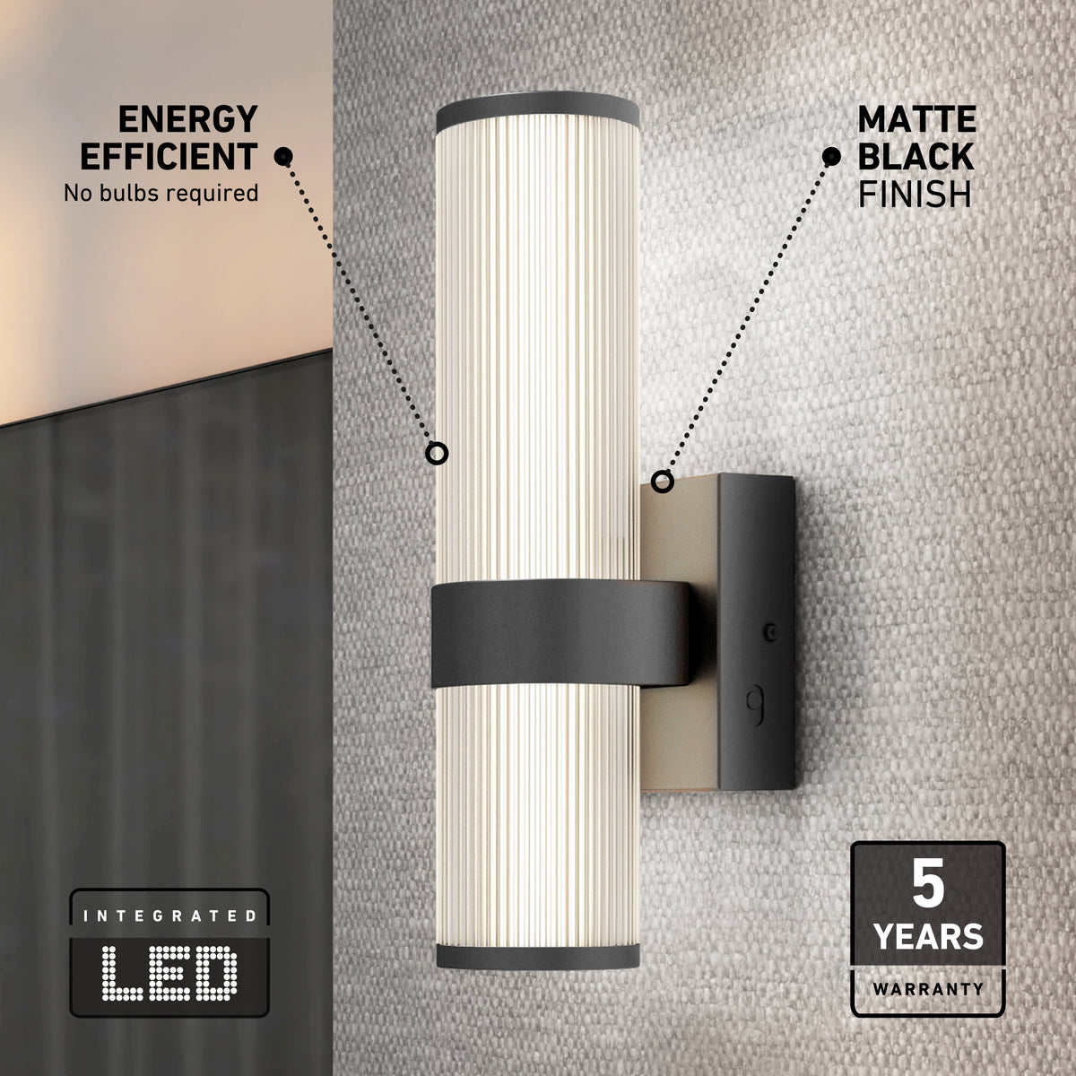 A modern wall sconce with a matte black finish and integrated LED light. Text highlights its energy efficiency and 5-year warranty. The fixture emits a soft glow against a textured wall.
