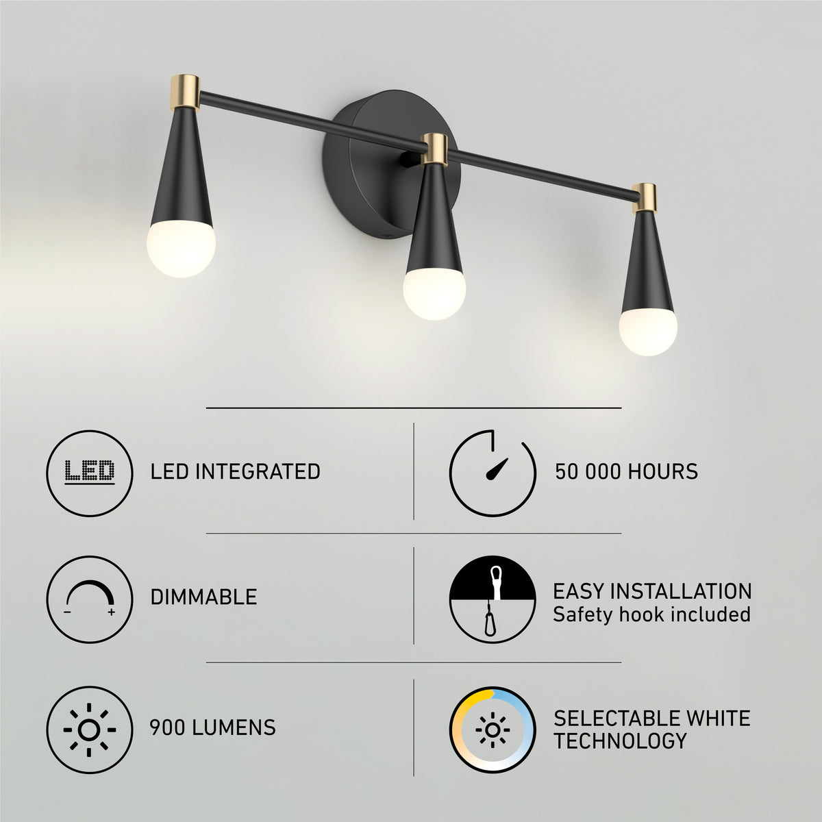 Modern black and gold three-light wall fixture with round base; features listed below include LED integrated, 50,000-hour lifespan, dimmable, easy installation, 900 lumens, and selectable white technology.