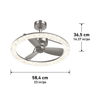 The Artika Carat 23" LED Modern Ceiling Fan features three blades, a circular LED ring, remote control, and measures 36.5 x 58.4 cm.
