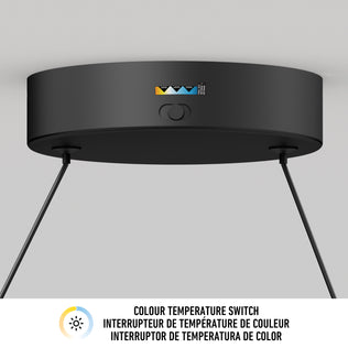 A close-up of the Siena modern LED pendant light by Artika shows its 5 CCT color temperature switch with clearly marked settings. Text below explains the feature in English, French, and Spanish.