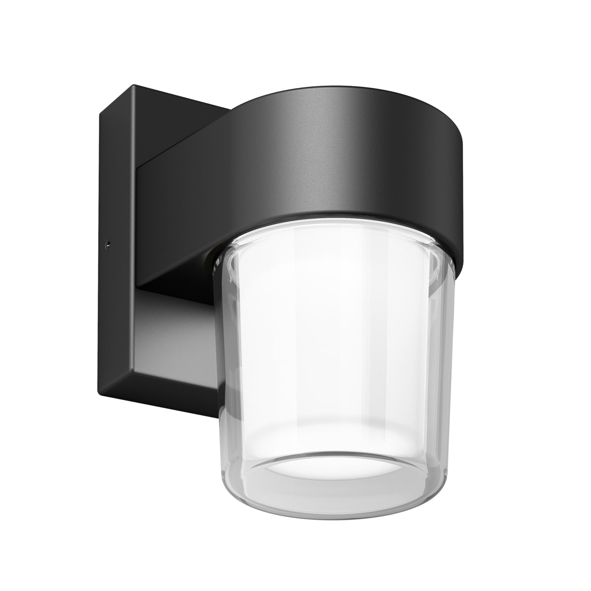 A modern black wall-mounted outdoor light fixture with a cylindrical clear glass shade and a square base, viewed at an angle against a white background.