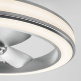 Close-up view of a modern ceiling fan with integrated LED ring light, featuring metallic blades and a sleek, circular design against a plain, light background.