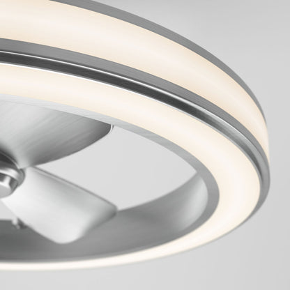 Close-up view of a modern ceiling fan with integrated LED ring light, featuring metallic blades and a sleek, circular design against a plain, light background.
