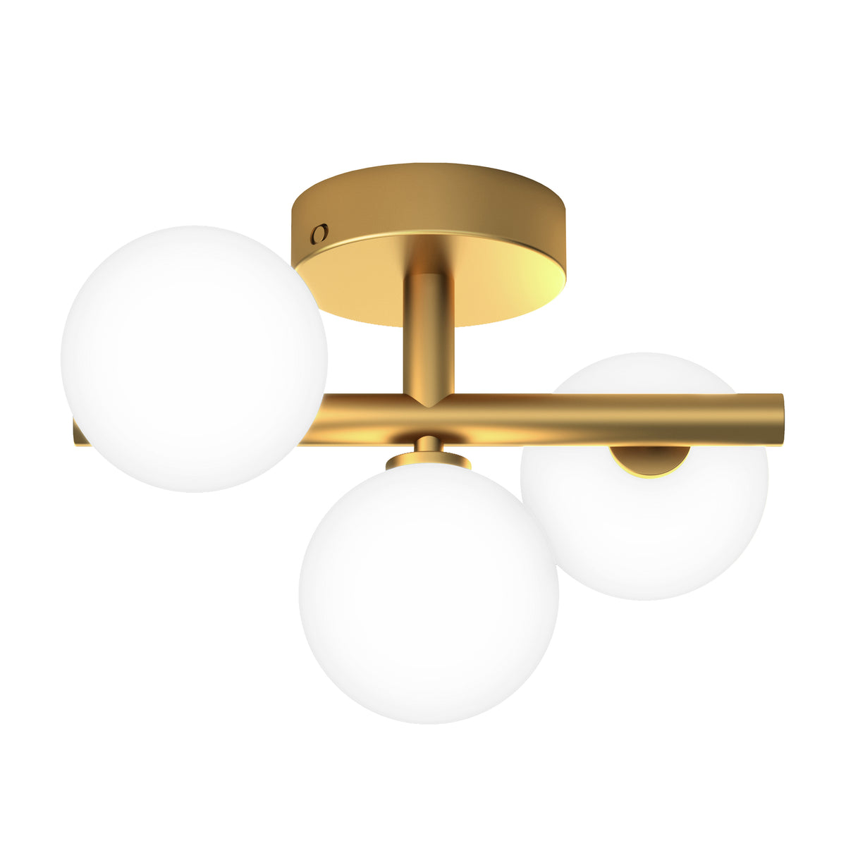 A modern ceiling light fixture with three frosted white glass globes attached to a gold metal base and arms, arranged in a triangular formation.