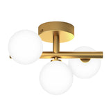 A modern ceiling light fixture with three frosted white glass globes attached to a gold metal base and arms, arranged in a triangular formation.