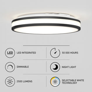 Artika Hemisphere 15 in. LED Flush Mount Ceiling Light with a black rim, featuring icons for 50,000-hour life, dimmability, and night light.