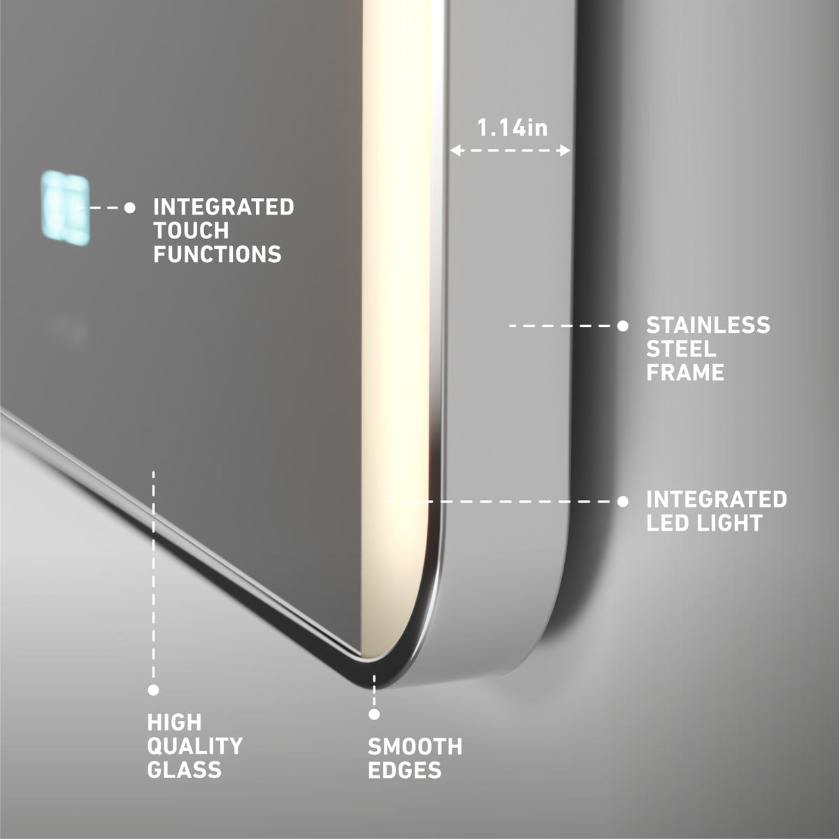 A close-up of the Artika Onyx dimmable LED mirror 3 CCT showcases its rectangular design, integrated touch controls, high-quality glass, smooth edges, stainless steel frame, and adjustable LED lighting.