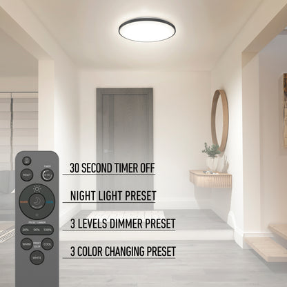 A modern hallway features the Artika Europa 21 in. LED flush mount light with remote; an inset shows options: 30-sec timer off, night light, 3 brightness levels, and 3 color presets.