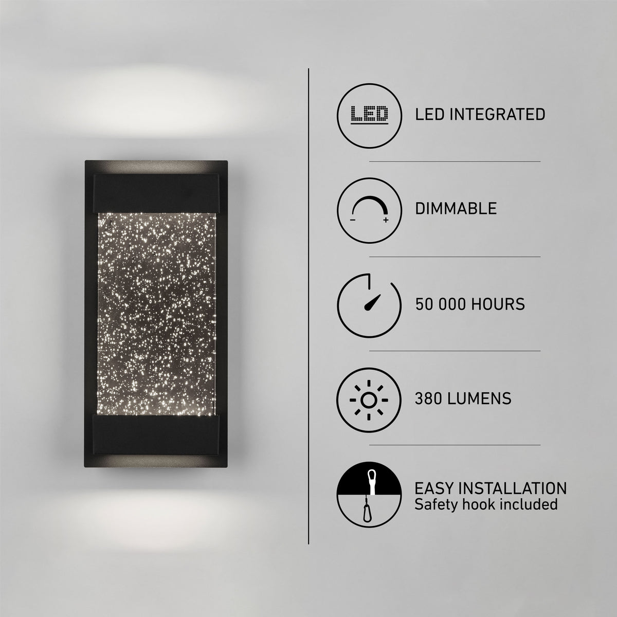 A modern black wall sconce emits light above and below, with a star-like pattern panel. Next to it, icons list features: LED integrated, dimmable, 50,000 hours, 380 lumens, and easy installation with safety hook.