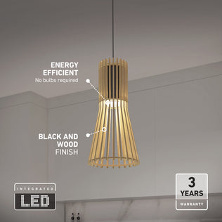 The Artika Kiyo modern LED pendant 3 CCT features a sleek black and wood finish, energy-efficient integrated LED (no bulbs needed), and comes with a 3-year warranty—perfect for hanging above your kitchen counter.