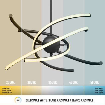 Modern pendant light fixture with LED rings shown in five different white light color temperatures, ranging from warm (2700K) to cool (5000K), labeled with corresponding color values and descriptions.