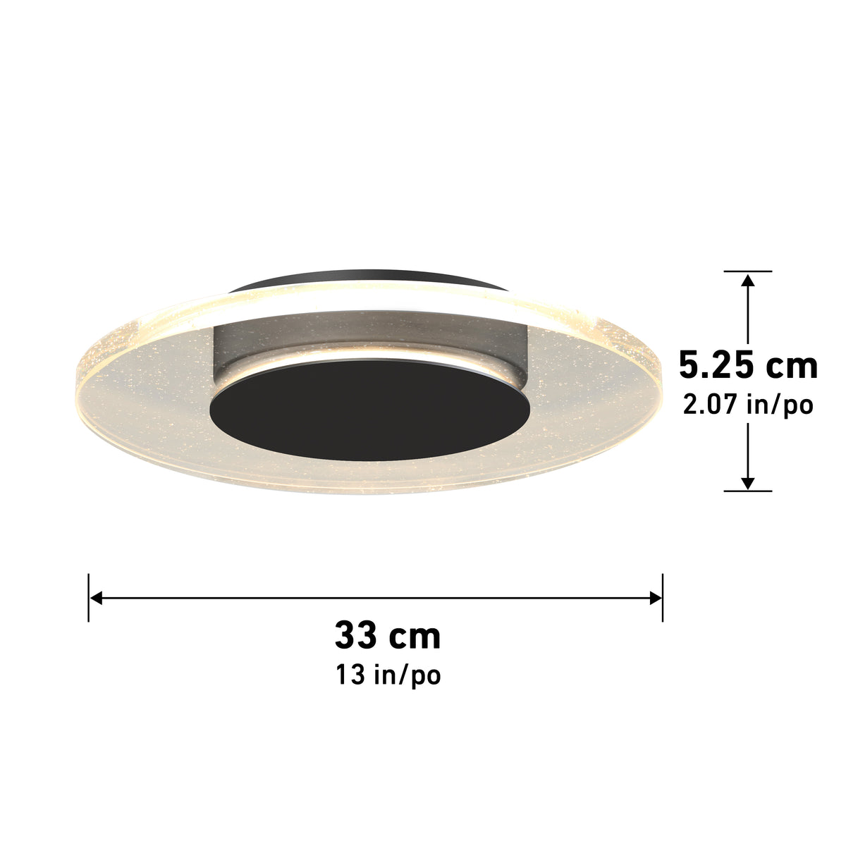A circular recessed ceiling light fixture with a transparent outer ring and a black center, measuring 33 cm (13 in) in diameter and 5.25 cm (2.07 in) in height.